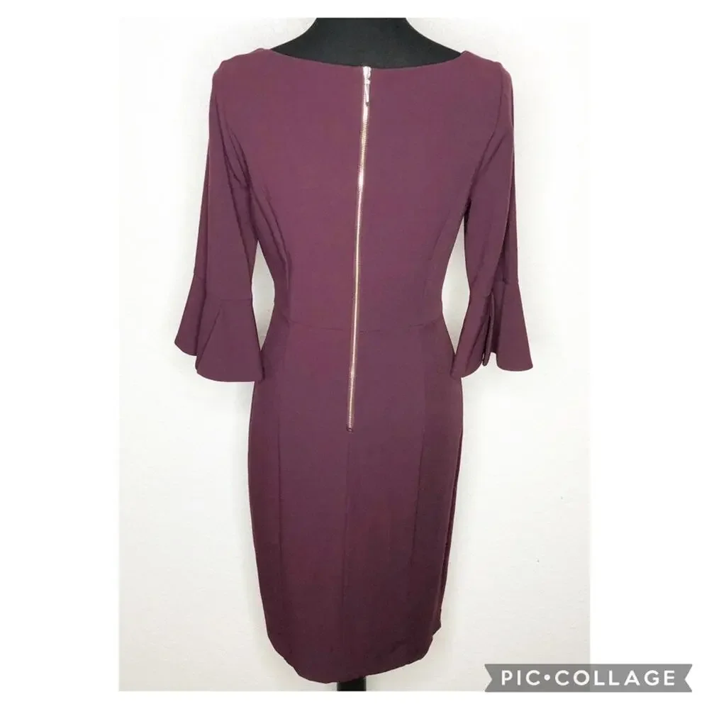 WHBM wine maroon purple bell sleeve midi sheath dress size 6